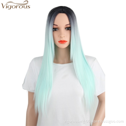 Vigorous Synthetic Wigs Long Straight Ombre Cosplay Costume Wig Heat Resistant Fiber Mint Green Full Wigs for Women